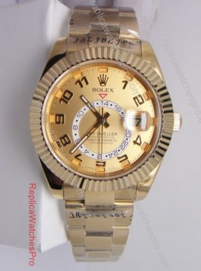 Top Grade Rolex Sky Dweller Copy Watch - All Gold Arabic Markers 42mm